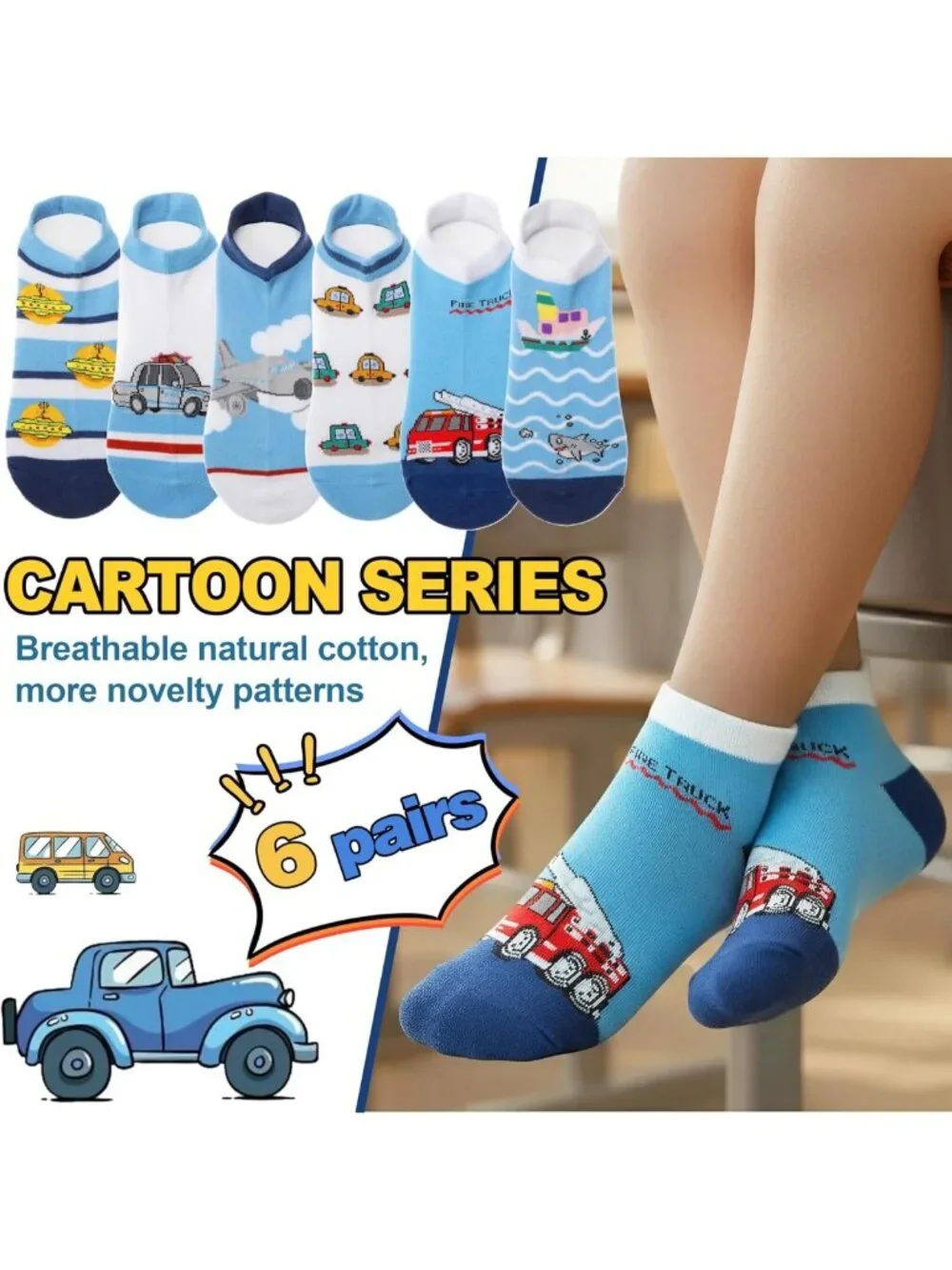 Cute Cartoon Kids Ankle Socks - No Show Low Cut, Funny Cotton, 6 Pairs